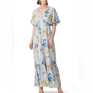 Slate & Willow Floral Printed V-Neck Dolman Sleeve Tiered Ruffle Maxi Dress Blue